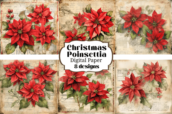 Christmas Poinsettia Flowers Backgrounds: Festive Digital Paper